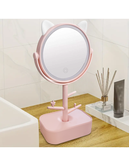 Miroir cosmétique lumière LED rechargeable pour table B0257 avec porte-bijoux