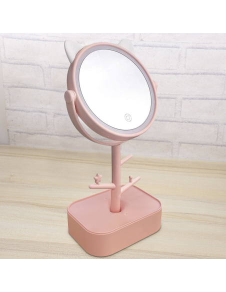 Miroir cosmétique lumière LED rechargeable pour table B0257 avec porte-bijoux