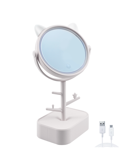 Miroir cosmétique lumière LED rechargeable pour table B0257 avec porte-bijoux