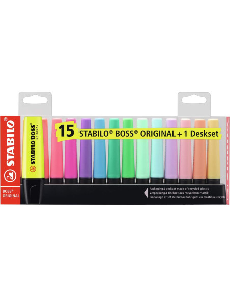 Marqueurs STABILO BOSS ORIGINAL ensemble 15 couleurs variées, 9 néon + 6 pastel