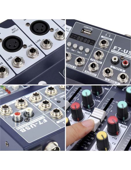 Mélangeur Audio 7 Canaux Professionnel Bluetooth Alimentation Phantom 48V Effet