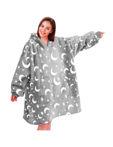 Couverture avec manches extra larges polaire grise fluorescente capuche poche