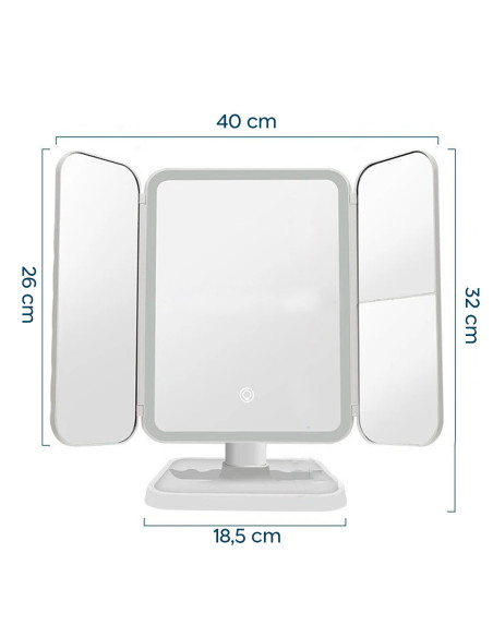 Miroir cosmétique LED Make UP rechargeable 3x design tactile 3 modes d'éclairage