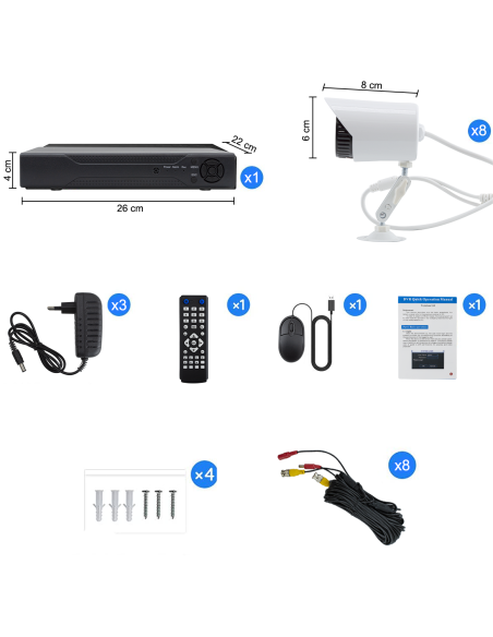Kit de vidéosurveillance avec 8 caméras H.264, télécommande Infrarouge Full HD
