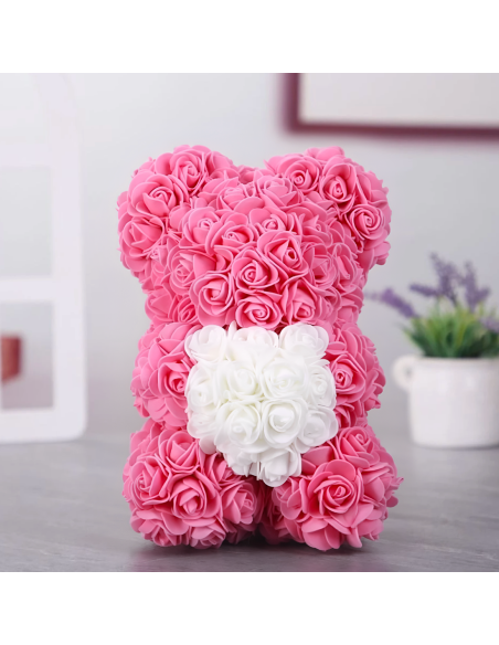 Ours Rose Artificiel H25cm avec Emballage Transparent, Idée Cadeau