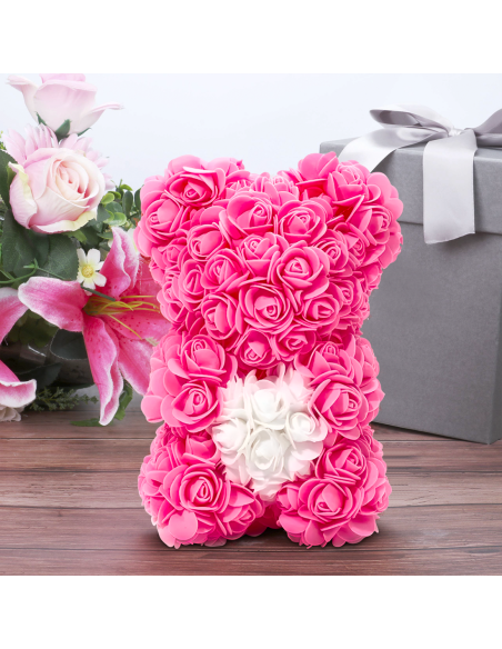 Ours Rose Artificiel H25cm avec Emballage Transparent, Idée Cadeau