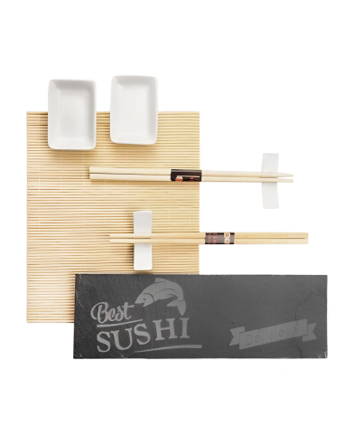 Service Sushi 2 personnes 10 pièces tapis bambou assiette ardoise baguettes bols