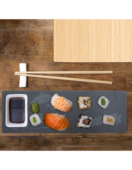 Service Sushi 2 personnes 10 pièces tapis bambou assiette ardoise baguettes bols