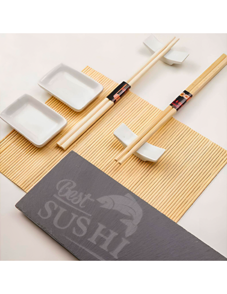 Service Sushi 2 personnes 10 pièces tapis bambou assiette ardoise baguettes bols
