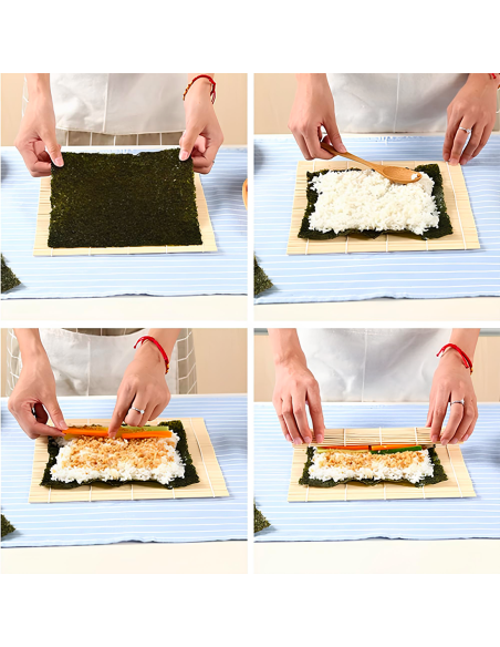 Service Sushi 2 personnes 10 pièces tapis bambou assiette ardoise baguettes bols