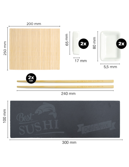 Service Sushi 2 personnes 10 pièces tapis bambou assiette ardoise baguettes bols