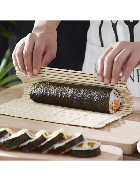 Service Sushi 2 personnes 10 pièces tapis bambou assiette ardoise baguettes bols