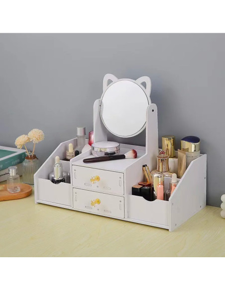 Coiffeuse table mini Porte-maquillage Organisateur bijoux Blanc Miroir Tiroirs