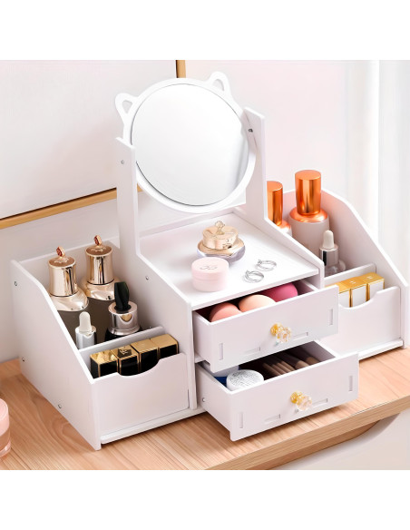 Coiffeuse table mini Porte-maquillage Organisateur bijoux Blanc Miroir Tiroirs