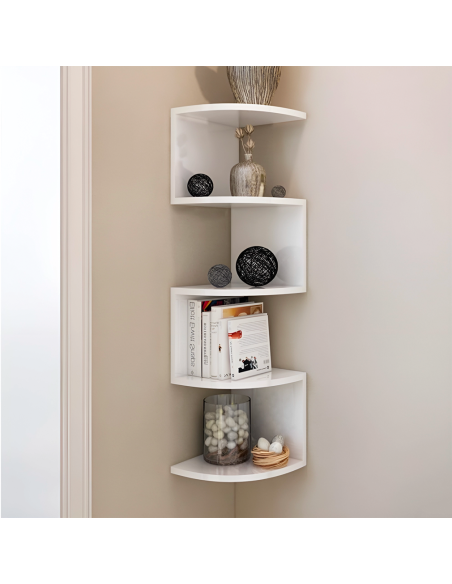 Étagère d'angle murale blanche mobile Bibliothèque 5 étagères Économie d'espace