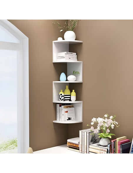 Étagère d'angle murale blanche mobile Bibliothèque 5 étagères Économie d'espace