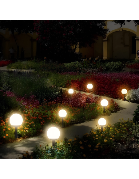 Pack 8 lampes solaires sphériques rechargeables de 15 cm avec piquet pour jardin