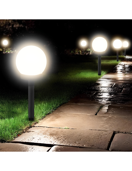 Pack 8 lampes solaires sphériques rechargeables de 15 cm avec piquet pour jardin