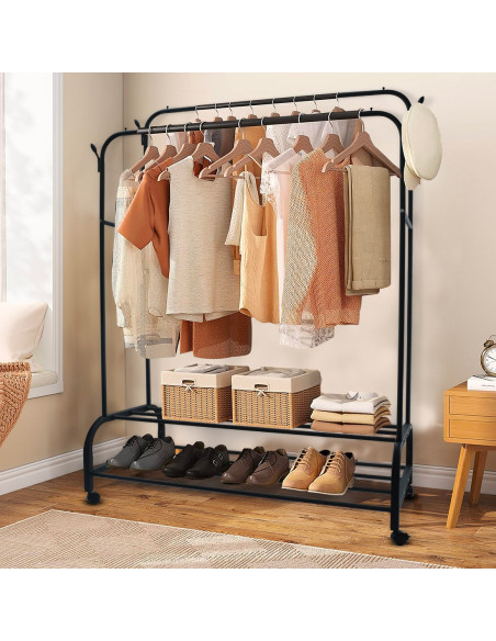 Porte-manteau Double Barre avec Étagères et Crochets pour Sacs