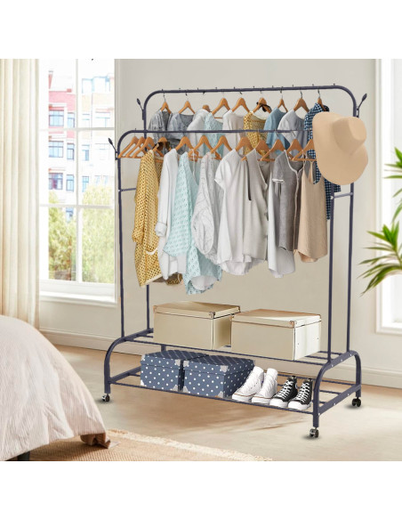 Porte-manteau Double Barre avec Étagères et Crochets pour Sacs