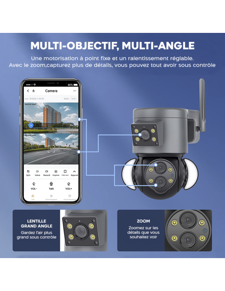 Caméra WiFi Zoom 10X extérieure en 4K HD avec Grand Angle et Double Objectif
