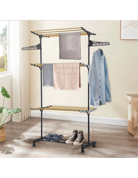 Étendoir à linge vertical 3 étagères pliantes étendoir à tour avec 4 roues