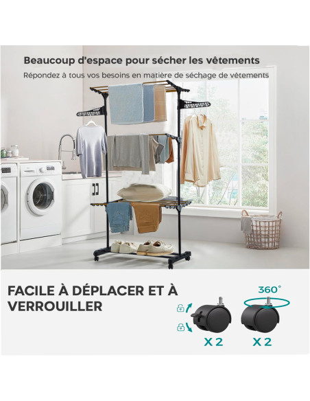 Étendoir à linge vertical 3 étagères pliantes étendoir à tour avec 4 roues