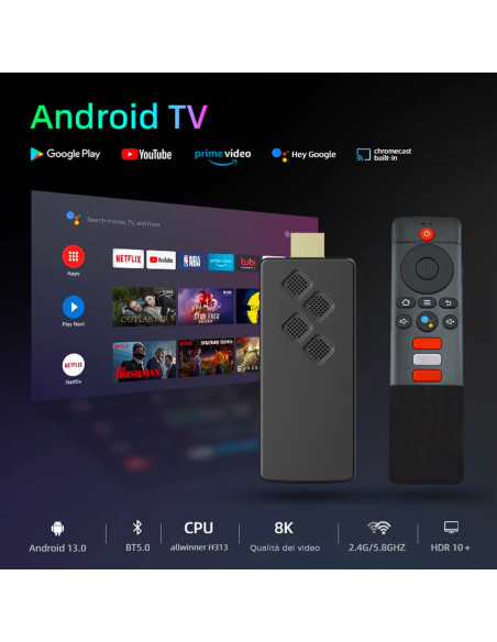 TV Box Stick Streaming 8K HD ANDROID Connexion Wi-Fi avec télécommande vocale