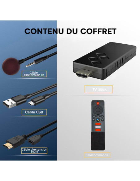 TV Box Stick Streaming 8K HD ANDROID Connexion Wi-Fi avec télécommande vocale