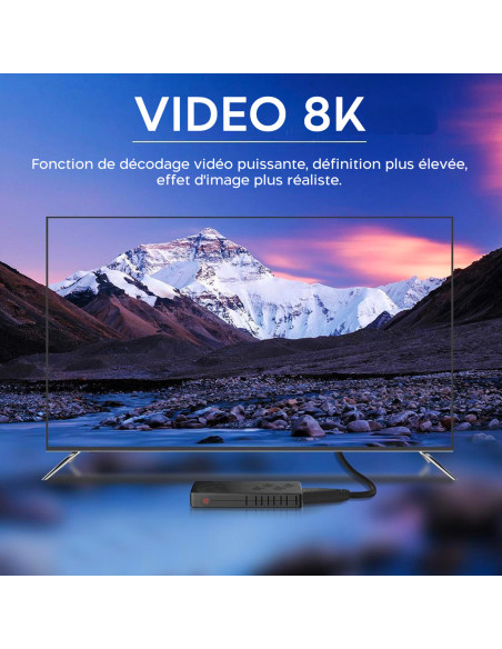 TV Box Stick Streaming 8K HD ANDROID Connexion Wi-Fi avec télécommande vocale