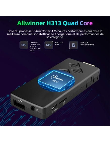 TV Box Stick Streaming 8K HD ANDROID Connexion Wi-Fi avec télécommande vocale