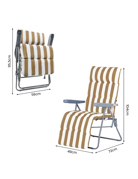Chaise longue inclinable acier coussin rembourré à rayures et dossier ajustable.