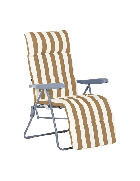 Chaise longue inclinable acier coussin rembourré à rayures et dossier ajustable.