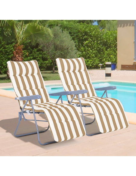 Chaise longue inclinable acier coussin rembourré à rayures et dossier ajustable.