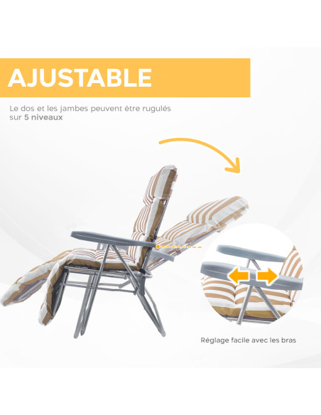 2 chaises plage inclinables acier coussin rembourré à rayures dossier réglable