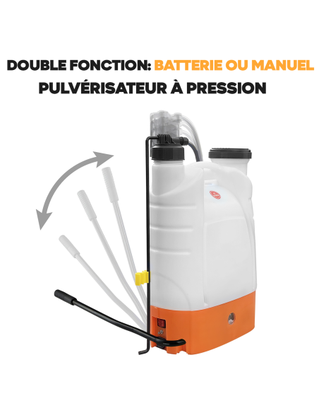 Pulvérisateur dorsal 2 en 1, 16 litres, Batterie rechargeable de 12V