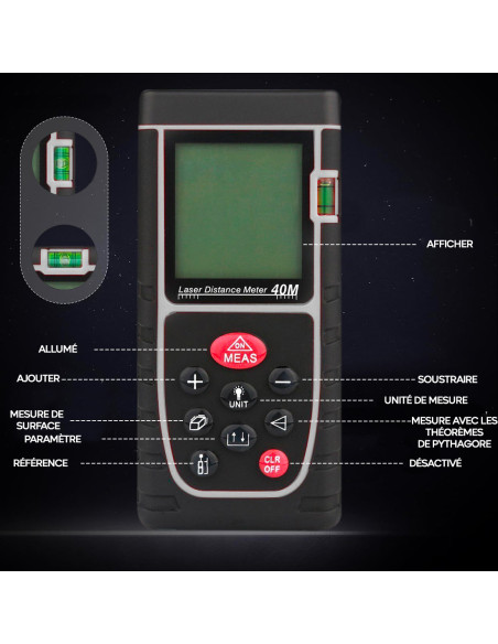 Mesureur de distance laser 40 m avec écran LCD à piles de niveau IP54