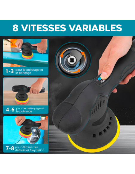 Polisseuse électrique avec batterie 24V pour voitures et sols, 8 vitesses