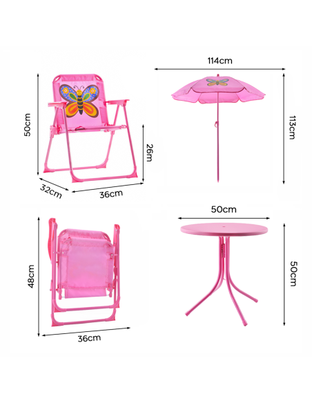 Ensemble jardin pour filles 4 pz Table et chaises parasol rose ajustable 3-6 ans
