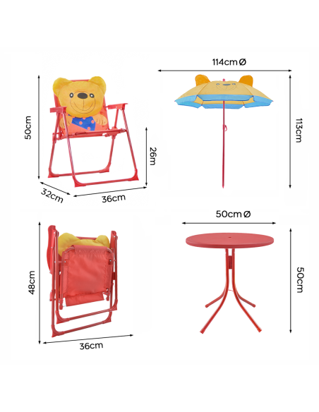 Set jardin pour enfants 4 pièces Table Chaises et Parasol ajustable Rouge 3-6ans