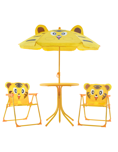 Ensemble jardin enfants 4 pièces Table Chaises et Parasol Jaune Réglable 3-6 ans