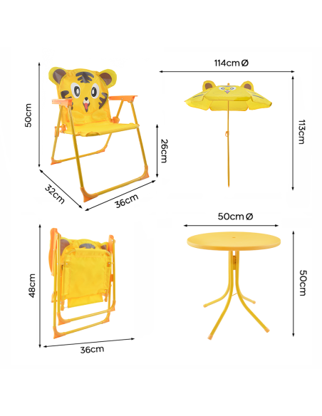 Ensemble jardin enfants 4 pièces Table Chaises et Parasol Jaune Réglable 3-6 ans