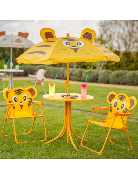Ensemble jardin enfants 4 pièces Table Chaises et Parasol Jaune Réglable 3-6 ans