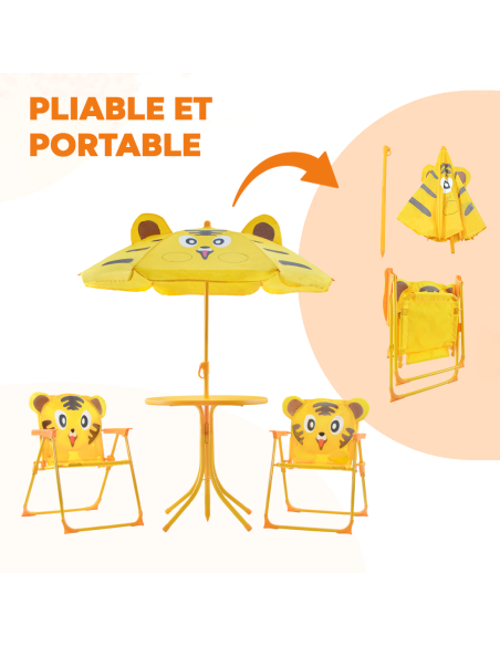 Ensemble jardin enfants 4 pièces Table Chaises et Parasol Jaune Réglable 3-6 ans