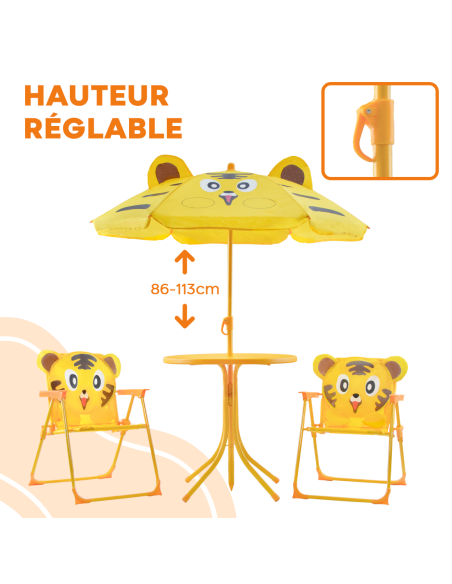 Ensemble jardin enfants 4 pièces Table Chaises et Parasol Jaune Réglable 3-6 ans