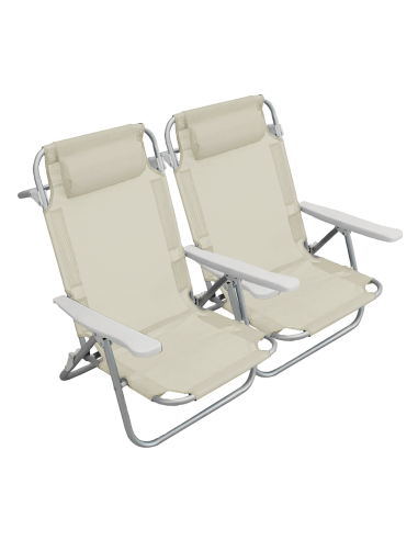2 pièces Chaise de Plage Transat Aluminium avec Coussin Inclinable en Textilène