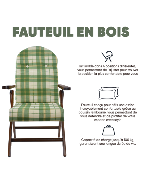 AMALFI Fauteuil en Bois MASLEGNO Fauteuil inclinable Coussin Rembourré 108x65x60