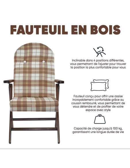 AMALFI Fauteuil en Bois MASLEGNO Fauteuil inclinable Coussin Rembourré 108x65x60