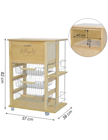 Chariot à pain 3 tiroirs Porte-bouteilles avec...