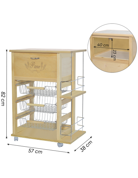 Chariot à pain 3 tiroirs Porte-bouteilles avec roulettes MAS033 Naturel 57x38x82